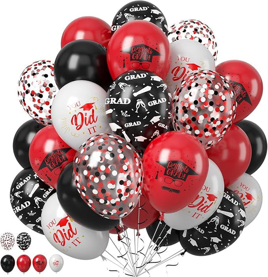 Graduation Balloons, Graduation Party Decoration, 50PCS 12 Inch Black Red White Confetti Graduate Ballons for Grad College High School Class of 2026 Congrats Grad Party Decorations