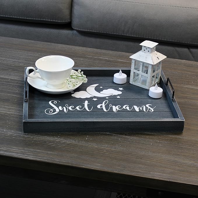 Elegant Designs HG2000-MBS Decorative Wood Serving Tray w/Handles, 15.50'' x 12'', Midnight Blue Wash ''Sweet Dreams''