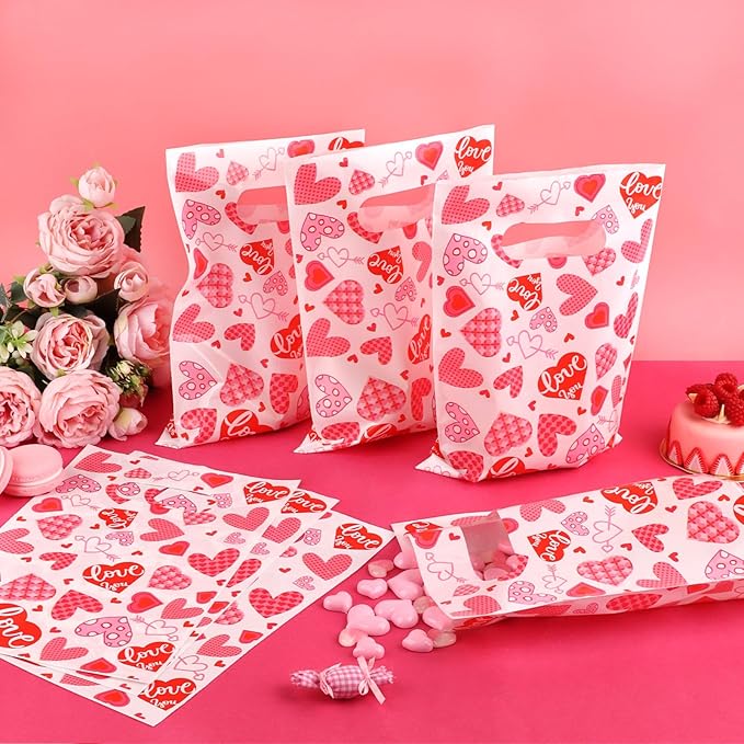Hxezoc 50 Pieces Valentines Day Gift Bags with Handle, Plastic Treat Candy Bag Heart Goodie Treat Bags for Valentine's Day Anniversary, Baby Showers Birthday Party Supplies
