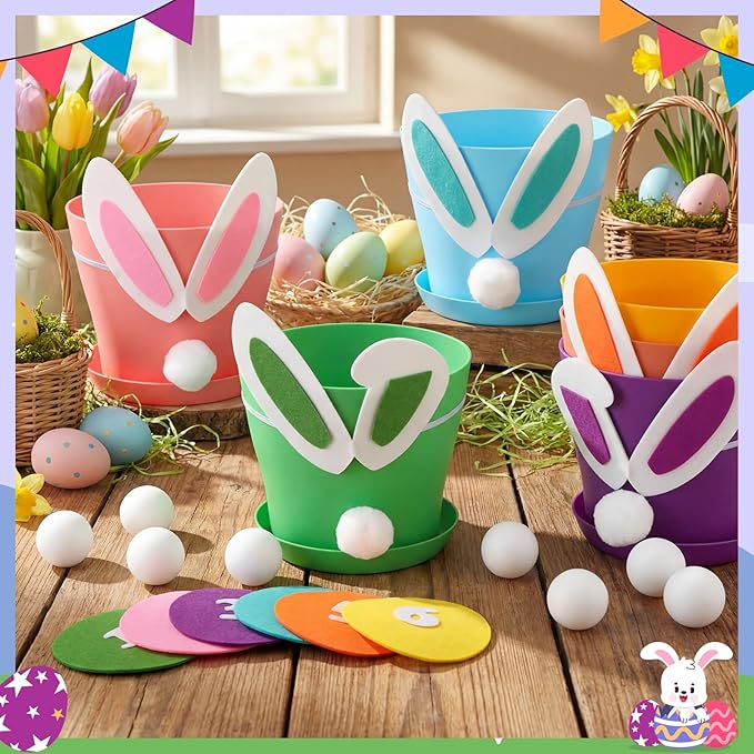 Easter Toss Ball Game with 6 Plastic Flower Pots 12 Bunny Ear Hat Decor 12 Balls Toss Play Set for Easter Party Games Spring Festival Game Family Indoor Outdoor Games Carnival Prizes