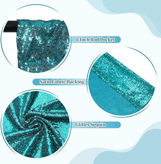 SquarePie 6x8ft Teal Sequin Backdrop for Photography, Satin-Backed Real Sequin Curtain, Enhanced Coverage Shimmering Background with 4" Rod Pocket for Wedding, Birthday, Party Decor, 1 Panel