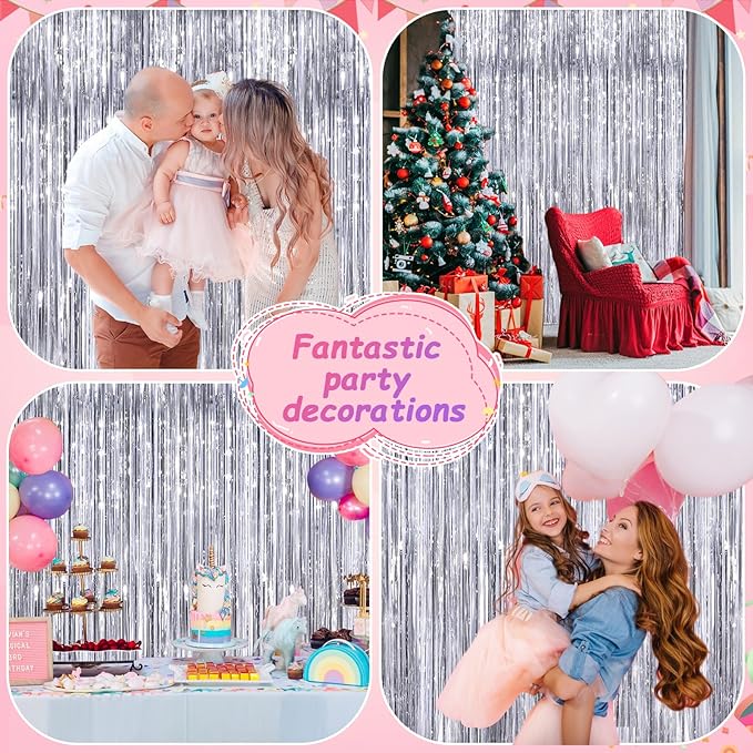 Silver Metallic Tinsel Foil Fringe Curtains Backdrop 2Pack 3.3x8.3Ft Silver Party Streamers for Birthday Party Decorations Halloween Christmas Decors Foil Curtain Backdrop for Bachelorette Wedding