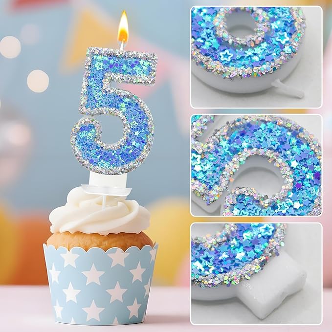 Blue Star Number 5 Candle for Cake Decoration, Glitter Star Cake Topper, Shaker Style Number Candle for Anniversary Celebration Party Supplies