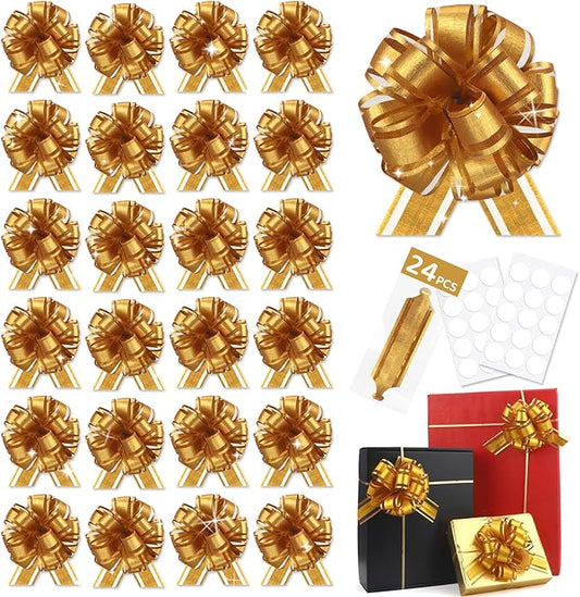 24pcs Gold Pull Bow for Gift Basket Wrapping Xmas Gift Bows Presents Adhesive Wrap Ribbon Bow for Christmas Tree Ornament Wine Bottles Bouquet Flower Valentine's Day Party Decor (Gold-G)