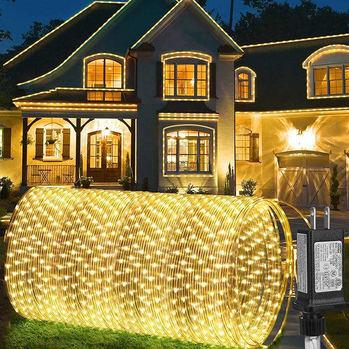 184FT 1000LED Rope Lights Outdoor, Outside LED Rope Lights Plug in String Lights Waterproof 8 Modes Clear Tube Lights for RV Camping Pool Patio Garden Christmas Tree Holiday Decoration(Warm White)