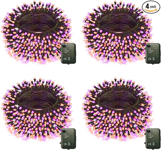 Halloween String Lights Battery Powered, 4 Pack Total 66.6 FT 200 LED Orange and Purple Halloween Lights Indoor Outdoor Decoration, Twinkle Fairy Light for Home Party Room Party Tree Decor