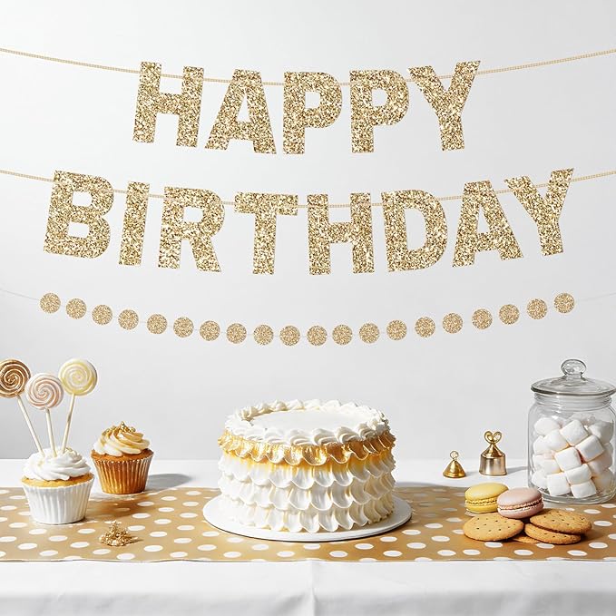 Happy Birthday Banner Pre-Strung Birthday Party Decorations NO DIY Glitter Happy Birthday Sign Circle Dots Garland Birthday Hanging Decorations for Women Men Birthday Party Supplies (Gold)