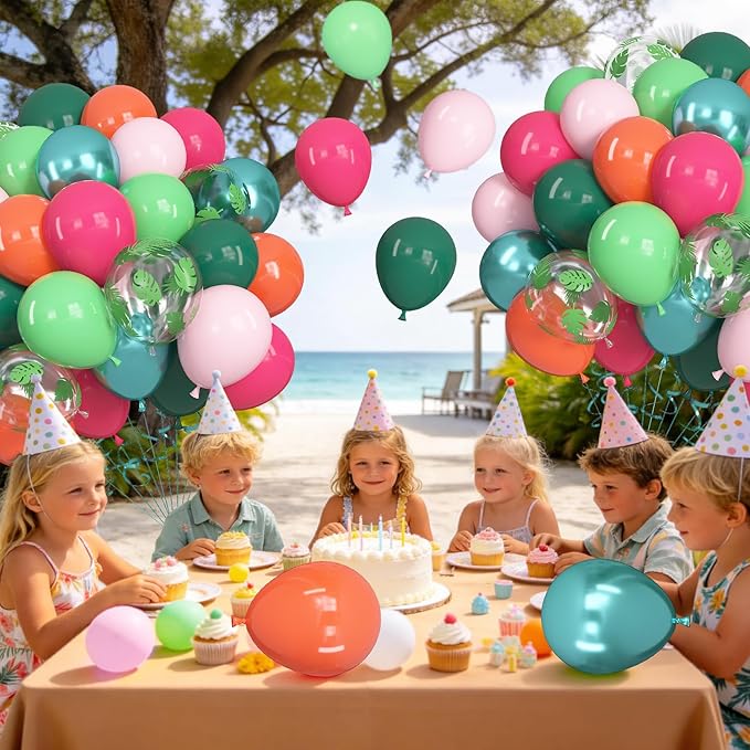 Ouddy Life 71pcs Tropical Hawaiian Balloons Set, 12 inch Luau Party Decorations Hot Pink Dark Green Palm Leaves Balloons for Tropical moana Aloha Summer Beach Birthday Baby Shower Party Decorations