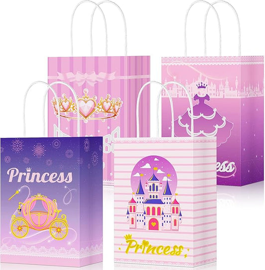 24Pcs Princess Goodie Bags, Pink Princess Party Favor Bags with Handles, 4 Styles Paper Thick Bottom Reusable Castle Treat Candy Gift Bags for Party Decorations Birthday Supplies Baby Shower Wedding
