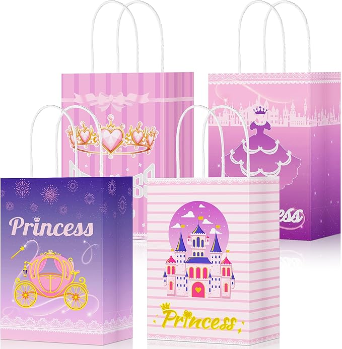 16Pcs Princess Goodie Bags, Pink Princess Party Favor Bags with Handles, 4 Styles Paper Thick Bottom Reusable Castle Treat Candy Gift Bags for Party Decorations Birthday Supplies Baby Shower Wedding(16)