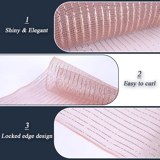 2 Pcs Rose Gold Deco Mesh Ribbon Rolls 10 Inch 10 Yards(30 ft) Decorative Mesh Fabric with Foil for Wreaths Christmas Tree Ribbon Door DIY Craft Halloween Decor Wedding Party Supplies (Rose Gold)