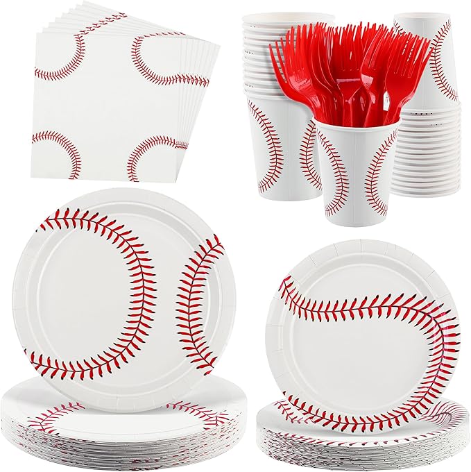 Kochorie 144 Pieces Baseball Paper Plates and Napkins Tableware Set Baseball Birthday Party Supplies Includes Disposable Paper Plates Napkins Forks Serve 24 for Sports Baseballs Party Decorations