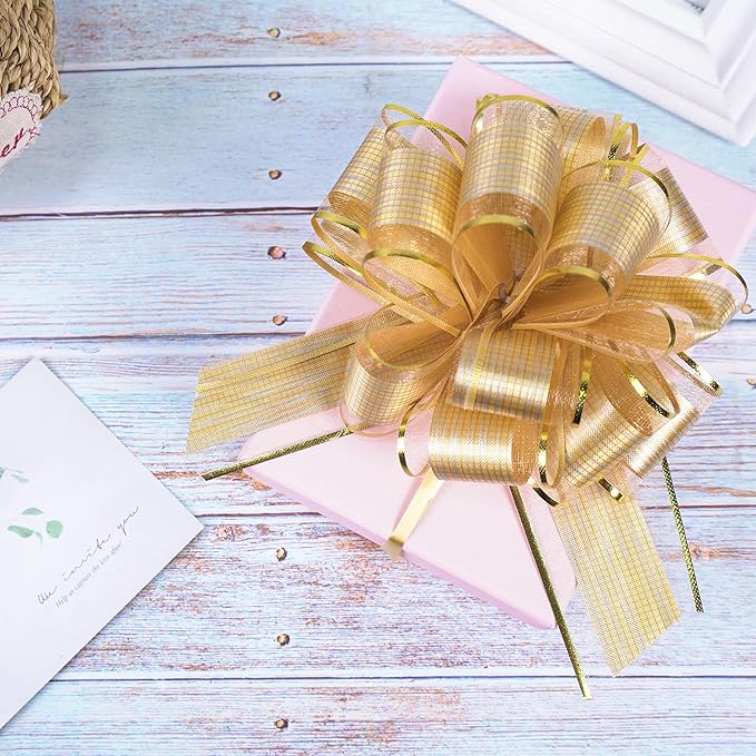 10 PCS Large Pull Bow Gift Wrapping Bows, Pull Bow with Ribbon for Wedding Gift Baskets, Party Gift Wrap Bows, Presents Decorating Bows (Gold)