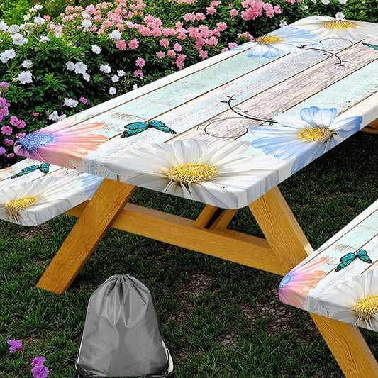 Rustic Daisy Flower Wooden Picnic Table Cover with Bench Covers, Farmhouse Flower Waterproof Wood Board Tablecloth for Patio Camping Outdoor Party Decorations with Drawstring Bag, 30X60in, 3PCS