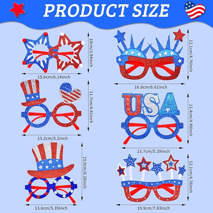 6 Pcs 4th of July Glasses Party Decor, Glitter Party Sunglasses Frames Novelty Costume Eyeglasses Photo Props for Adults, Independence Day Decorations Fun Holiday Party Favors, Memorial Day
