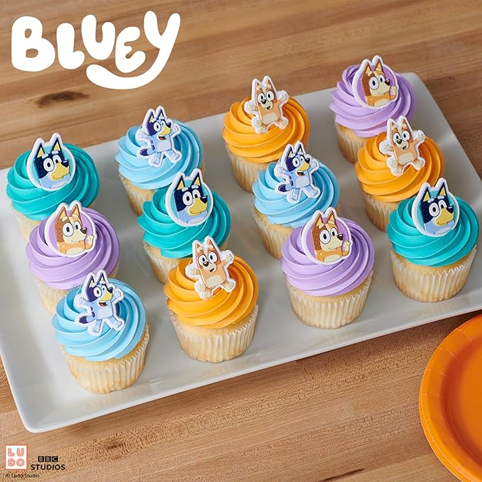 DecoPac Bluey So Much Fun Rings, Cupcake Decorations Featuring Bluey, Bingo, Bandit, and Chilli, 3D Food Safe Cake Toppers –1.4 x 1.75 inches (Pack of 48)