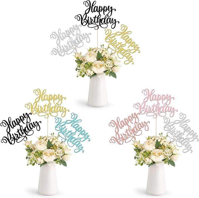 12 PCS Happy Birthday Centerpieces Sticks Double Sided Glitter Birthday Party Decorations Anniversary Table Flower Centerpiece for Celebrating Birthday Party Centerpieces Supplies Multi 6 Colors