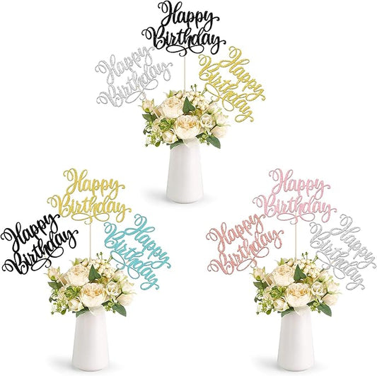 12 PCS Happy Birthday Centerpieces Sticks Double Sided Glitter Birthday Party Decorations Anniversary Table Flower Centerpiece for Celebrating Birthday Party Centerpieces Supplies Multi 6 Colors