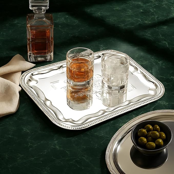 4-Pack 15.7" x 11.8" Silver Serving Trays for Party Set - Floral Engraved Serving Platters, Wedding Birthday Mirror Tray for Summer BBQ, Food, Appetizer, Charcuterie, Cookies, Desserts