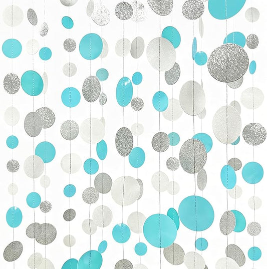 Teal Blue Silver White Party Polka Dot Garland Banner Aqua Turquoise Glitter Silver White Hanging Paper Circle Dots Streamer for Birthday Baby Shower Wedding Bridal Shower Party Decorations Supplies