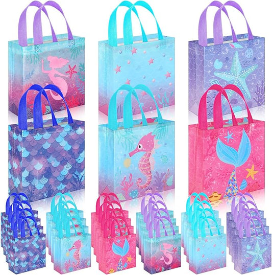 Sweetude 40 Pcs Mermaid Gift Party Favor Bags with Handle, Non Woven Goodie Bags Birthday Favor for Birthday Baby Shower Packaging Supplies