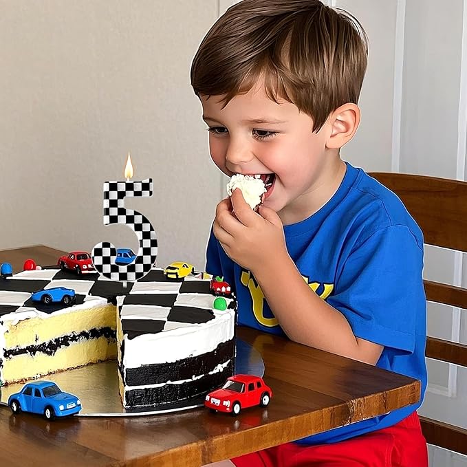 Racing Cars Themed Birthday Candle, Checkered Flag Number Candles Black and White Candles Happy Birthday Cake Topper Party Decorations for Boys Racing Cars Themed Party Supplies (Number 5)
