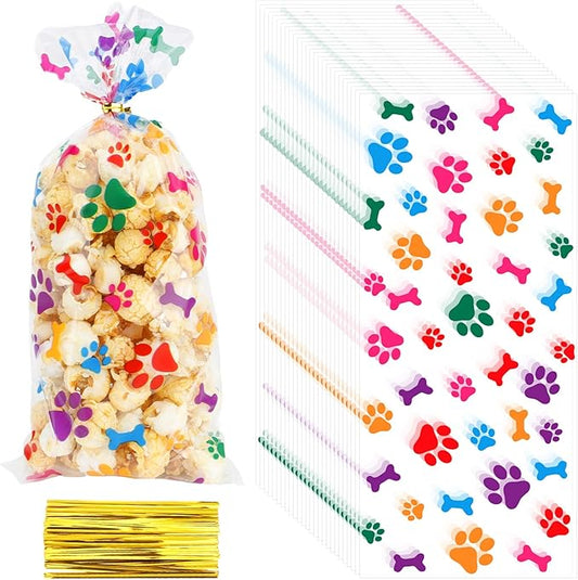 eowqeiur 50 PCS Colorful Plastic Dog Paw Cellophane Treat bags with Ties Goodie Candy Cookie Goody Gift Bags Pouches Clear Baby Shower Pet Puppy Birthday Party Favors Supplies Wrapping Stuffers(5x11)