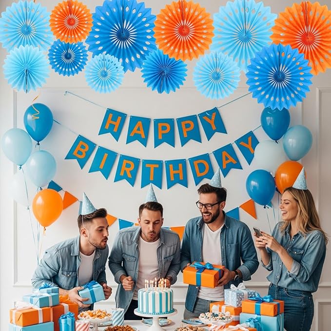 BEISHIDA Blue Dog Tissue Hanging Honeycomb Round Paper Fans Decoration Set for Orange Light Blue Birthday Baby Shower Backdrops Dog Theme Party Supplies(11 Packs)