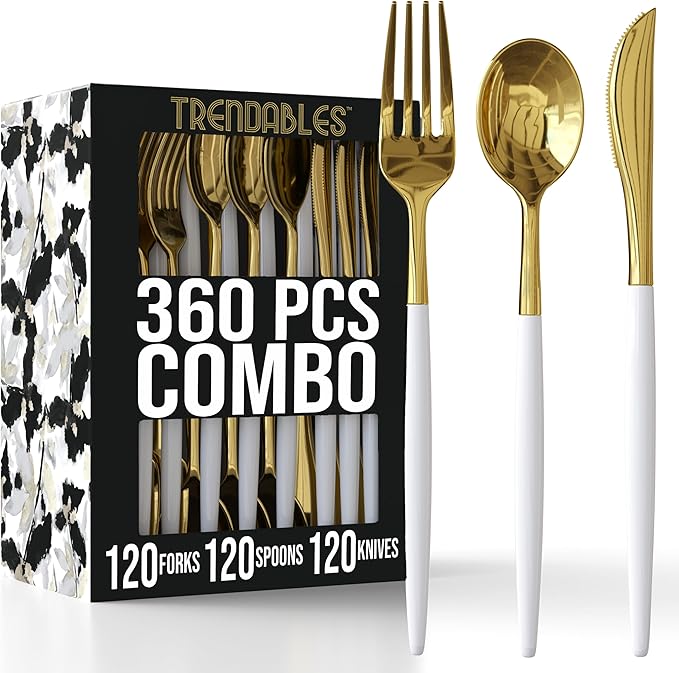 Trendables 360 Pack Disposable Silverware Set - Cutlery Dinnerware - Includes 120 Forks - Spoons - Plastic Knives - White & Gold Plastic Silverware Utensils Party Set