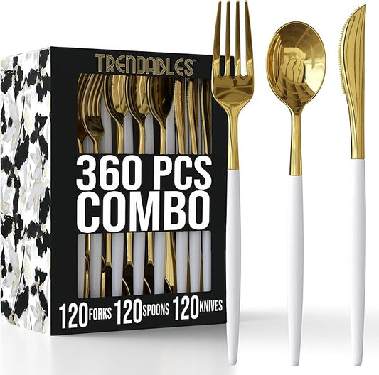 Trendables 360 Pack Disposable Silverware Set - Cutlery Dinnerware - Includes 120 Forks - Spoons - Plastic Knives - White & Gold Plastic Silverware Utensils Party Set