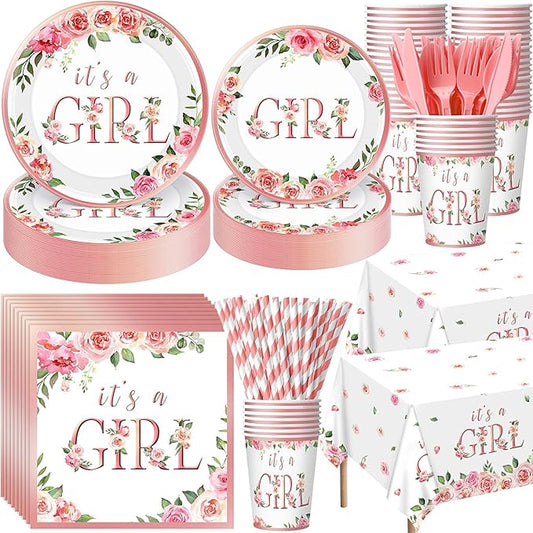 Potchen 452 Pcs Party Supplies Serve 50 Guests, Paper Plates Napkins Cups Cutlery Plastic Tablecloth Dinnerware for Birthday Wedding Party Decoration(Pink, It's a Girl)