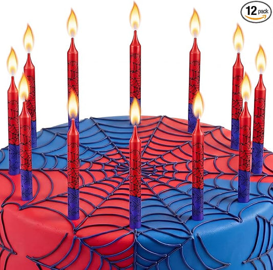 Conelist 12 Pcs Spider Themed Birthday Candles Cartoon Red Blue Birthday Decorations Movie Cake Toppers for Spider Themed Party Supplies