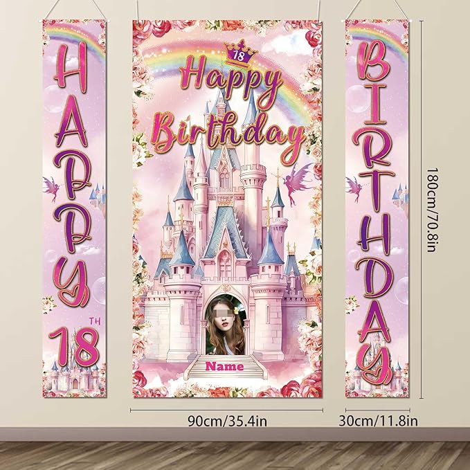 Custom Photo Birthday Banner Set Personalized Door Banners Polyster Backdrop Party Decorations Supplies Background for Birthday Newborn Baby Shower Celebration(Castle)