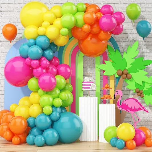 141 Pcs Rainbow Neon Balloon Arch Kit, Hot Pink Lime Green Orange Slate Blue Yellow Latex Hawaii Summer Tropical Balloon Garland for Hawaiian Luau Aloha Birthday Baby Shower Pool Party Decorations