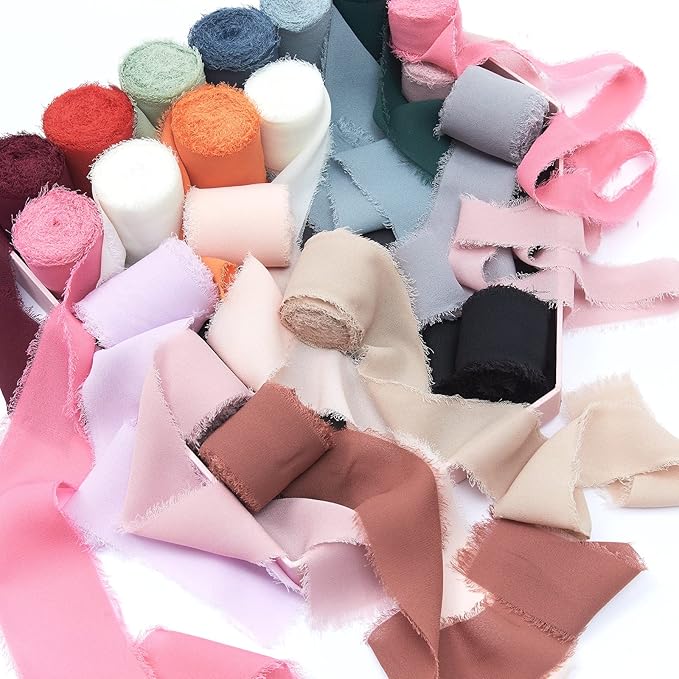 4 Rolls Blush Pink Handmade Fringe Chiffon Silk Ribbon 1" W x 5Yd Per Roll,Frayed Edges Ribbon Set for Gifts Wrapping,Wedding Invitations,Bouquets,DIY Crafts (1" x20Yd, Blush Pink)