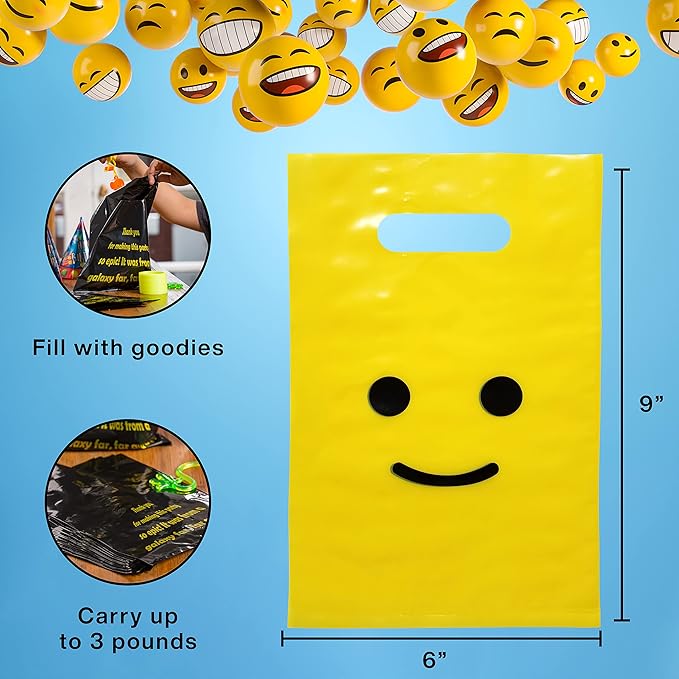 L LIFETIME Smile! Yellow Party Favors Bags Super Strong 24 Pack Loot Birthday Emoji Treat Plastic Bag, 9 x 6 inch - Birthday Gift Bag for Kids Boys and Girls - Plastic Gift Bags with Handles