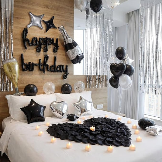 Realspring 120 Pcs Happy Birthday Decorations Set Balloons Letters Banner with Candle LED Light Champagne Bottle Wine Glass Rose Petals for Birthday Party Room Decor(Black and Sliver)