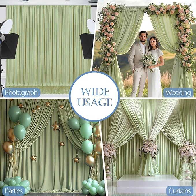 ESGOTBME 10x10ft Wrinkle Free Sage Green Backdrop Curtain for Parties Soft Fabric Drapes Wedding Curtain Backdrop for Birthday Party Decorations Background for Photography 5x10ft, 2 Panels