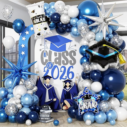 Blue Graduation Balloon Arch Garland Kit 2026, Blue White Graduation Decorations with Foil Grad Cap Diploma Star Balloons for Congrats Class of 2026 Graduates Celebrations Party Decorations