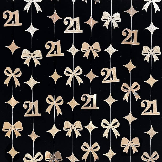 Glitter Champagne 21st Bow Birthday Decorations Champagne Conquette Bow Garland Streamer Banner Backdrop for Girls Happy 21st Birthday Finally Legal Cheers to 21 Years Old Anniversary Party Supplies
