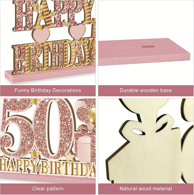4 Pieces 50th Birthday Vintage 1976 Wooden Table Centerpieces Decoration for Women, Pink Rose Gold Happy 50 Birthday Table Sign Party Supplies, Hello Fifty Year Old Bday Table Decor