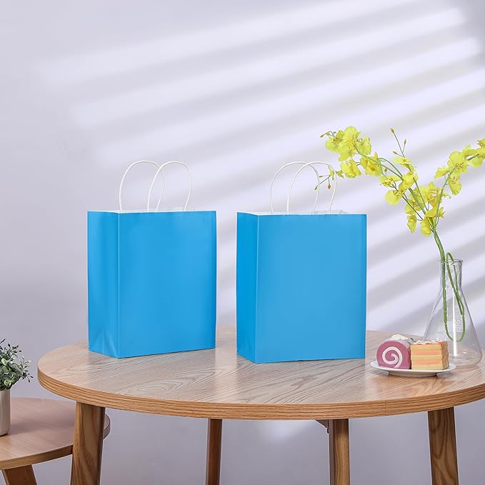 SUNCOLOR 25 Pack Blue Gift Bags with Handles, 8x4.5x10 Inch Medium Kraft Paper Bags for Shopping, Party Favors, Baby Showers, Retail
