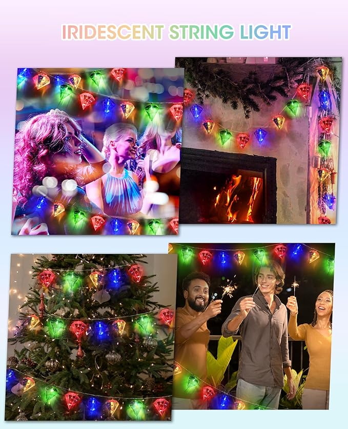 AceList Iridescent Big Diamond String Lights 10Ft 20 LED Fairy Light, Holographic Decor for Engagement Party Decorations Wedding Proposal Bachelorette Christmas Birthday (Color)