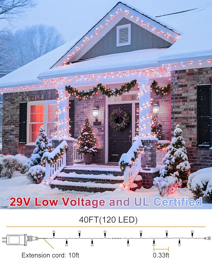 40FT 120 LED Christmas Lights Outdoor, Red and White Christmas String Lights Waterproof, 8 Modes & Timer, Connectable Christmas Tree Lights for Indoor House Patio Xmas Holiday Decorations