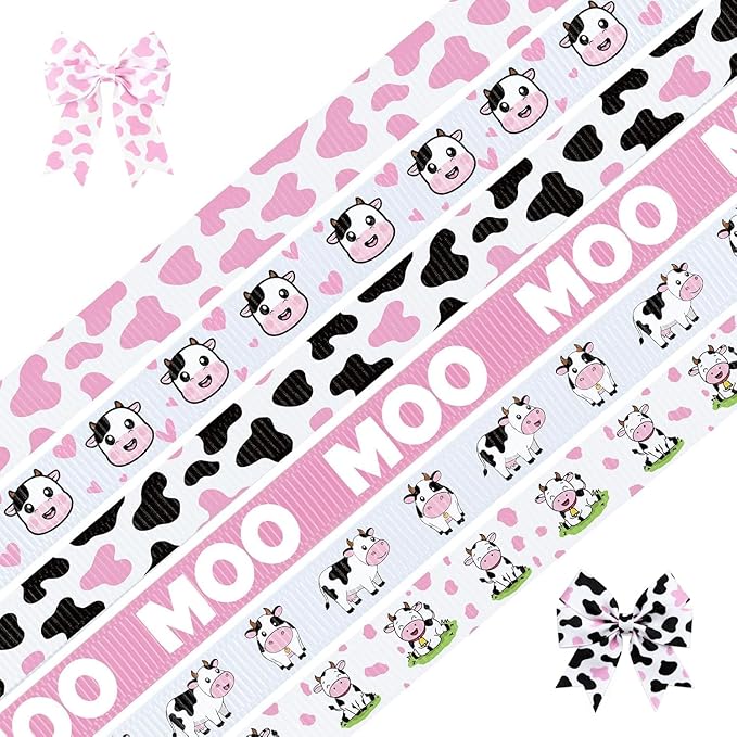 6 Roll Cow Print Ribbons, 3/8 Inch x 30 Yard Pink White Cow Spot Ribbon, Gift Wrap Grosgrain Ribbons, Animal Print Craft Ribbon for Farm Party Favor Christmas Wreath Bow DIY Craft Decor