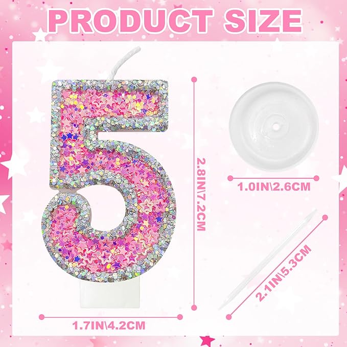 Number 5 Birthday Candle for Cake – Silver Glitter Edge with Pink Star Confetti – Decorative Number Cake Topper for Anniversary & Celebration Party Decor