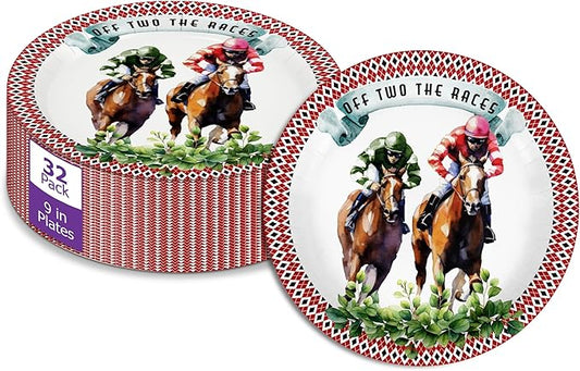Off Two the Races Second Birthday - 32 Piece Disposable Party Supplies - Decorations for Derby Horse Racing 2nd Birthday Round Party Plates - Large 9" Paper Plates In Bulk