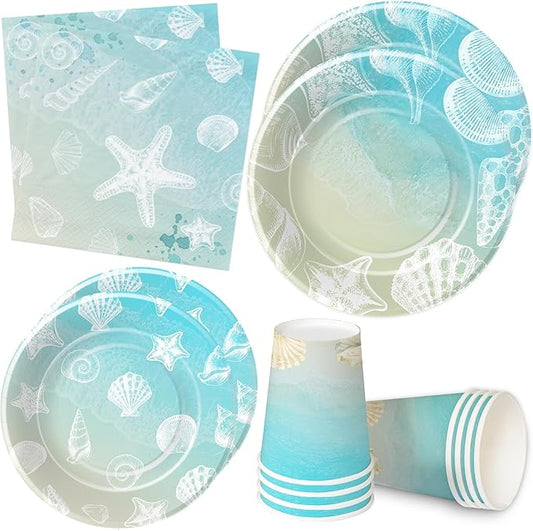 Seashell Beach Party Decorations Dinnerware - Beach Seashell Party Supplies, Paper Plates, Cups, Napkins, For Birthday Baby Shower Wedding | Serves 24