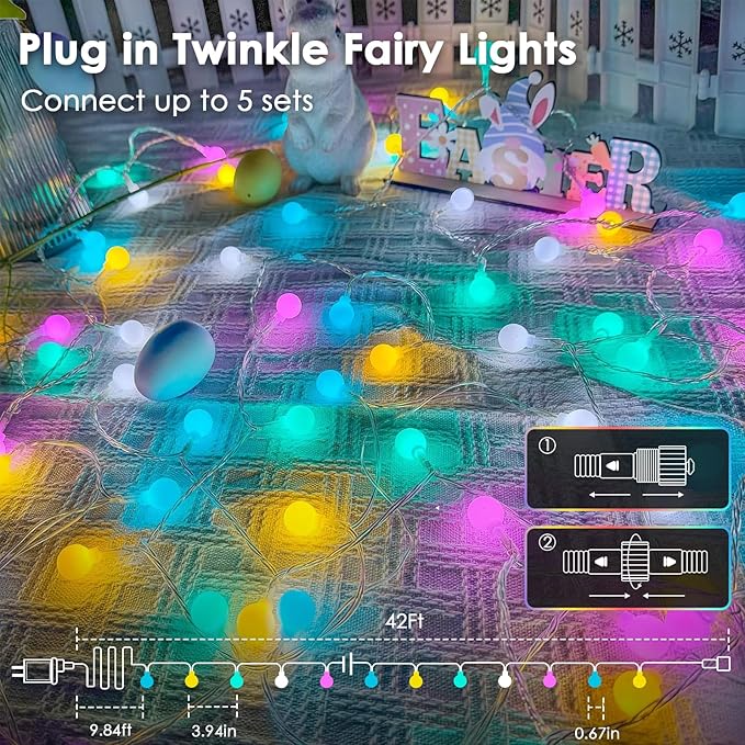 Connectable 100LED Easter String Lights Outdoor Indoor, 43ft Pastel Lights with Timer, 13 Modes Plug in Multicolor Globe Light, Waterproof Twinkle Fairy Light for Easter Decorations Bedroom Decor