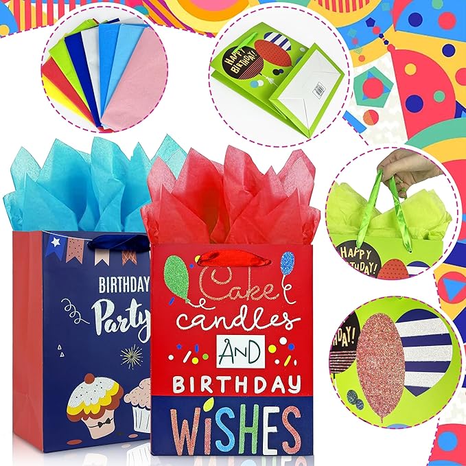 MUMULULU 8 Pack Birthday Gift Bags with Ribbon Handle and Tissue Paper Funny Glitter Happy birthday Gift Bags for Birthday Gift Wrapping Presents
